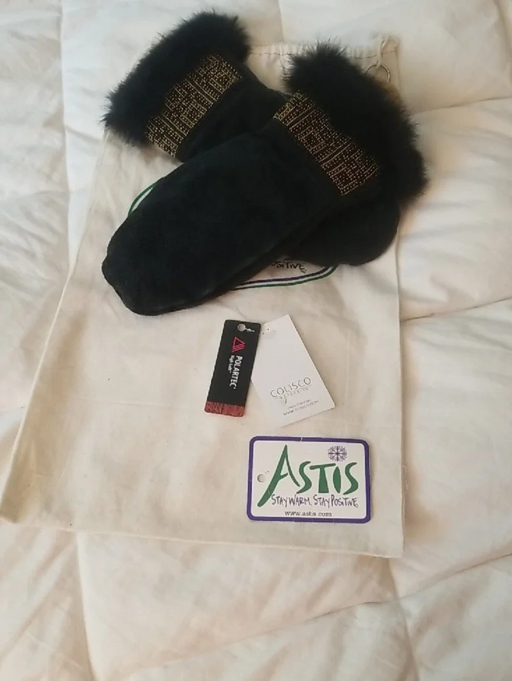 Astis Black Suede Fur-Trim Mittens with Beaded Cuff